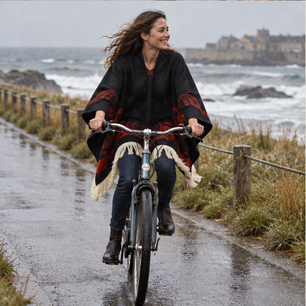 Poncho Péruvien Motifs Ailes – Rouge / Adulte, porté en mouvement au bord de l’océan