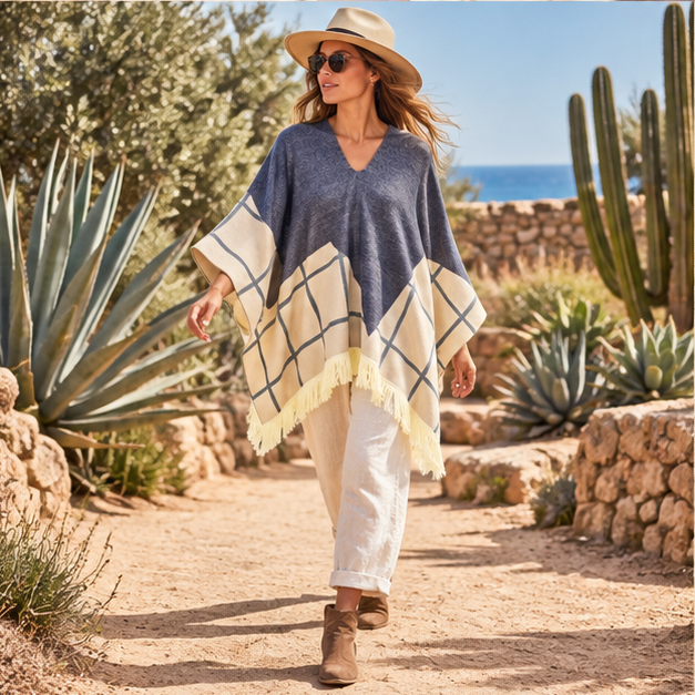 Poncho Péruvien Motifs à Carreaux – Bleu / Adulte, porté en mouvement au bord de l’océan