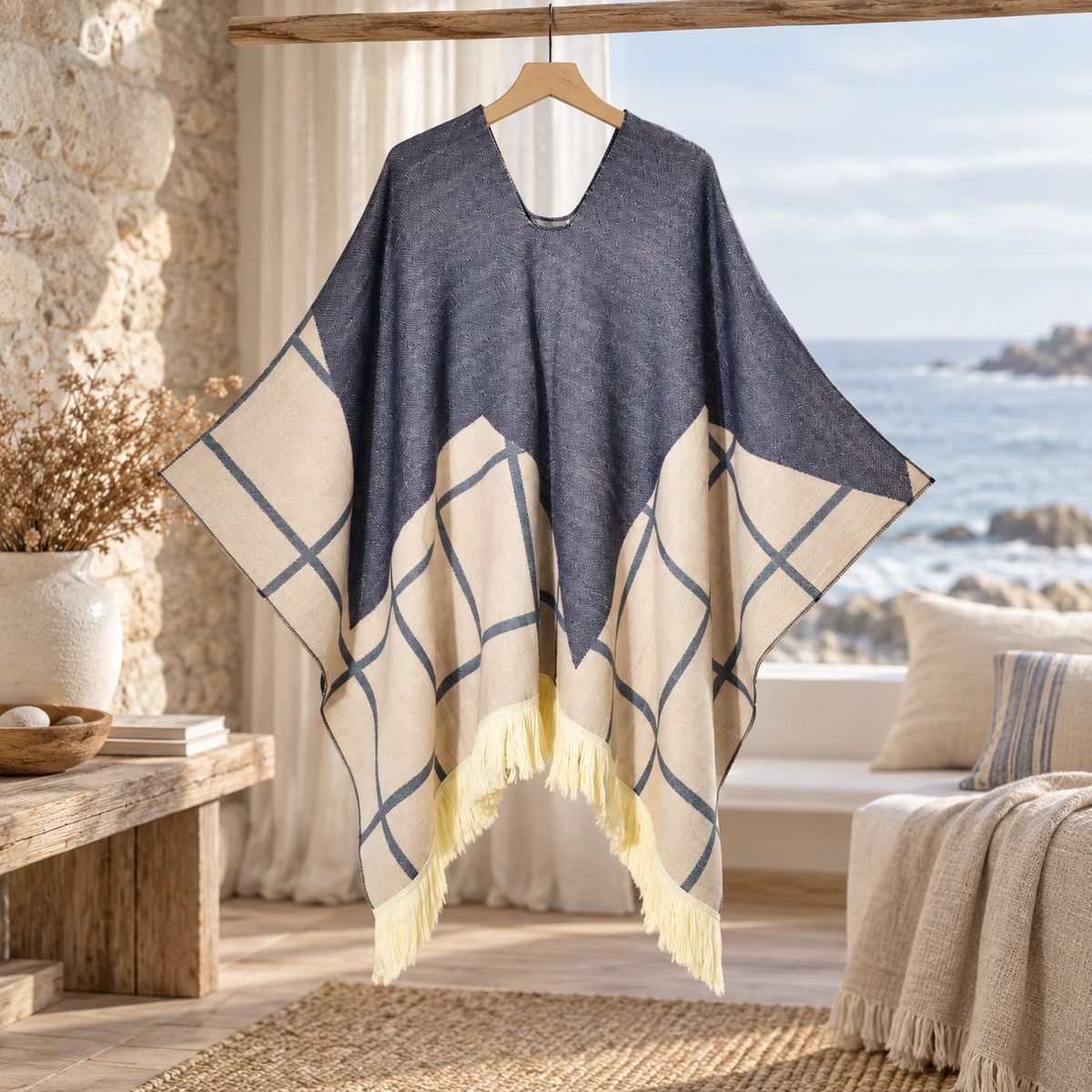 Poncho Péruvien Motifs à Carreaux – Bleu / Adulte, visuel principal lifestyle