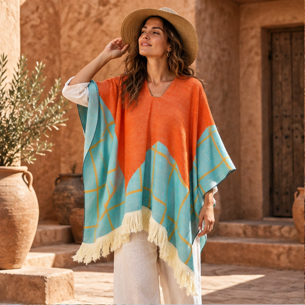 Poncho Péruvien Motifs à Carreaux – Orange / Adulte, en situation sur la côte Atlantique