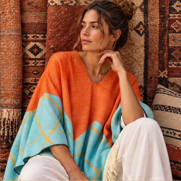 Poncho Péruvien Motifs à Carreaux – Orange / Adulte, dans un intérieur côtier lumineux