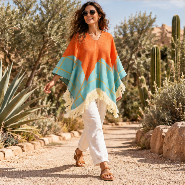 Poncho Péruvien Motifs à Carreaux – Orange / Adulte, porté en mouvement au bord de l’océan
