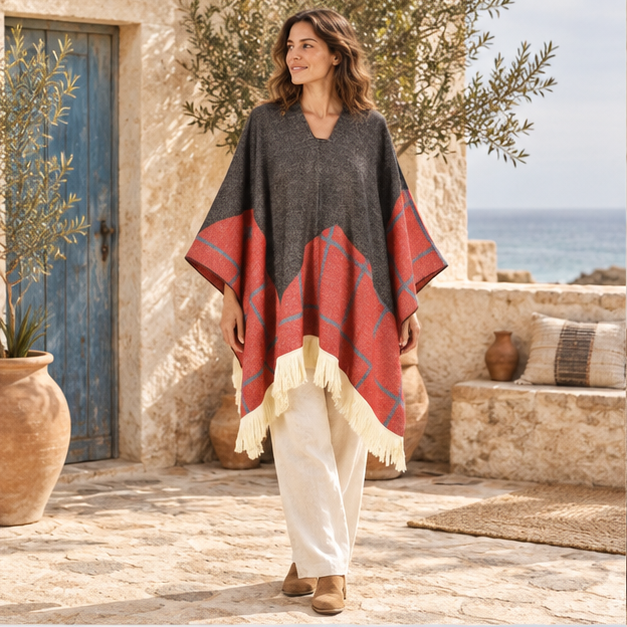 Poncho Péruvien Motifs à Carreaux – Rouge / Adulte, en situation sur la côte Atlantique