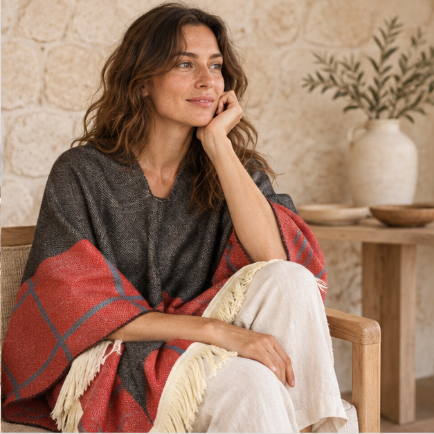 Poncho Péruvien Motifs à Carreaux – Rouge / Adulte, dans un intérieur côtier lumineux