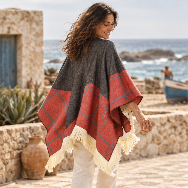Poncho Péruvien Motifs à Carreaux – Rouge / Adulte, porté en mouvement au bord de l’océan