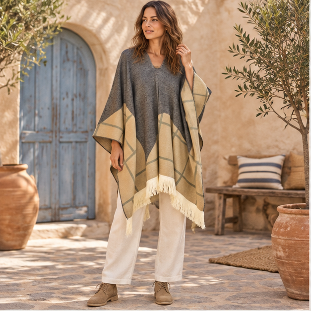 Poncho Péruvien Motifs à Carreaux – Gris / Adulte, en situation sur la côte Atlantique
