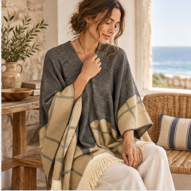 Poncho Péruvien Motifs à Carreaux – Gris / Adulte, dans un intérieur côtier lumineux