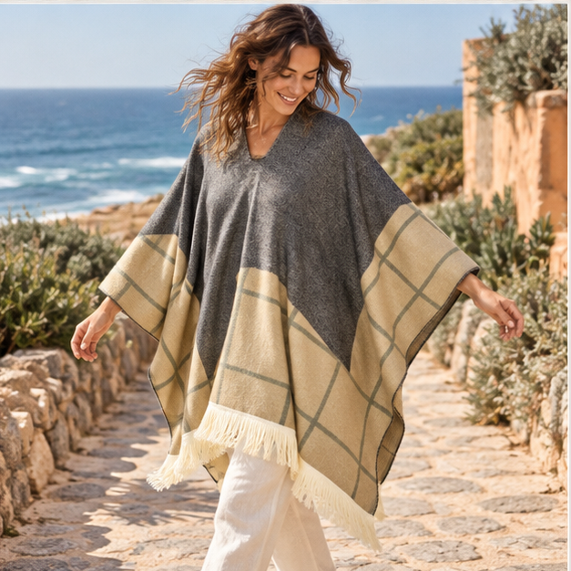 Poncho Péruvien Motifs à Carreaux – Gris / Adulte, porté en mouvement au bord de l’océan