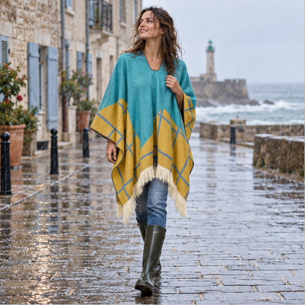 Poncho Péruvien Motifs à Carreaux – Turquoise / Adulte, en situation sur la côte Atlantique