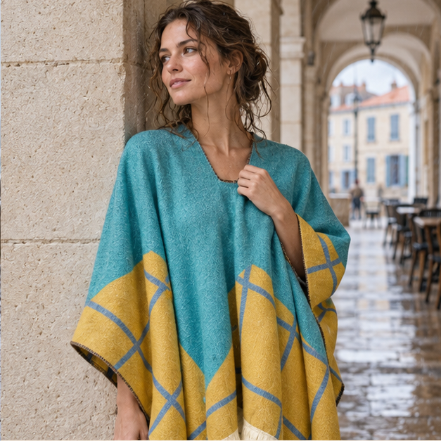Poncho Péruvien Motifs à Carreaux – Turquoise / Adulte, dans un intérieur côtier lumineux