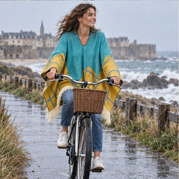 Poncho Péruvien Motifs à Carreaux – Turquoise / Adulte, porté en mouvement au bord de l’océan