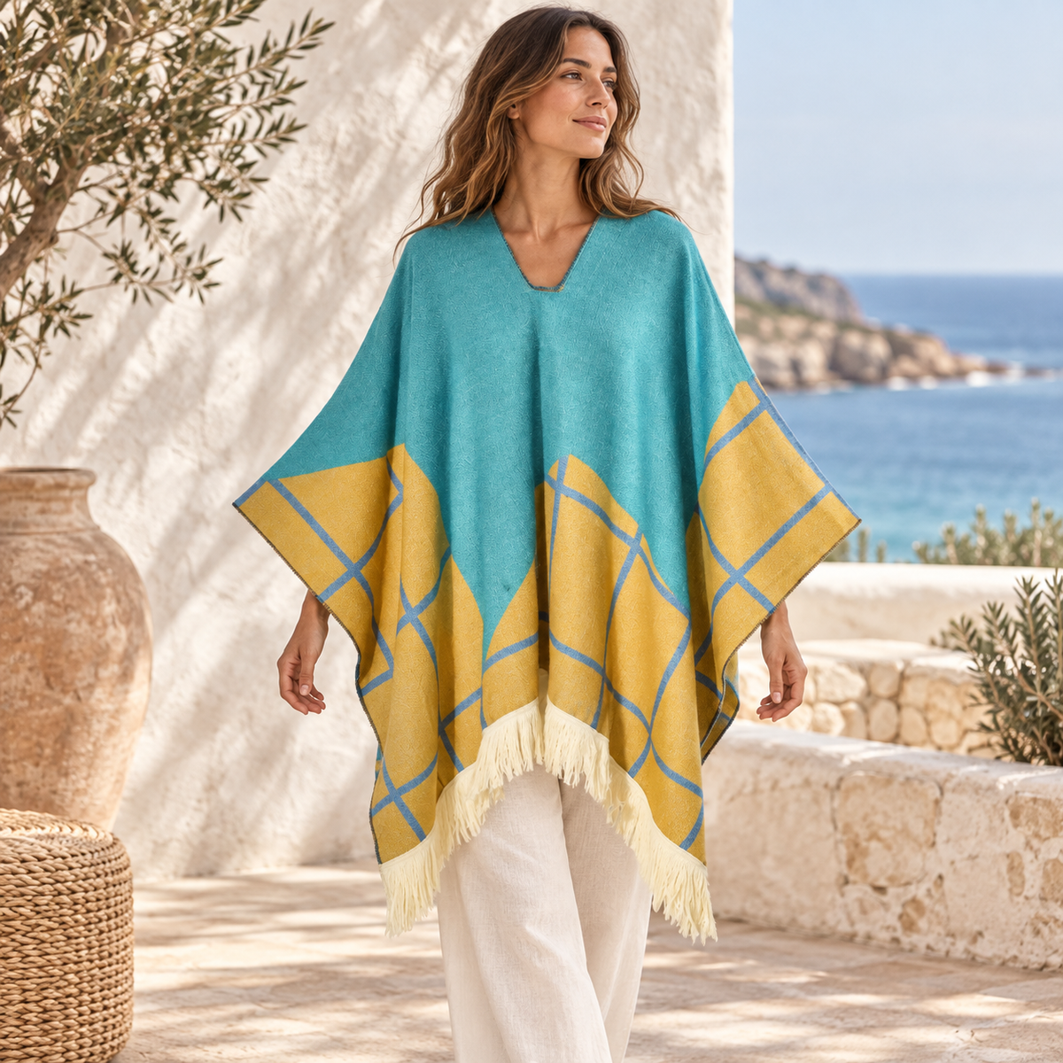 Poncho Péruvien Motifs à Carreaux – Turquoise / Adulte, visuel principal lifestyle
