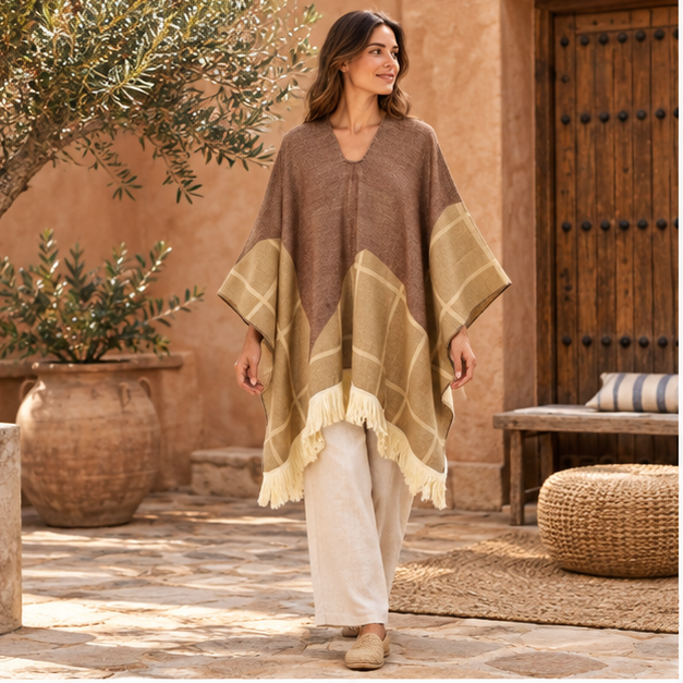 Poncho Péruvien Motifs à Carreaux – Marron / Adulte, en situation sur la côte Atlantique