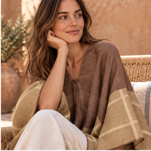 Poncho Péruvien Motifs à Carreaux – Marron / Adulte, dans un intérieur côtier lumineux