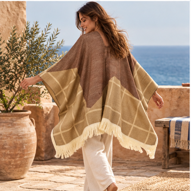 Poncho Péruvien Motifs à Carreaux – Marron / Adulte, porté en mouvement au bord de l’océan