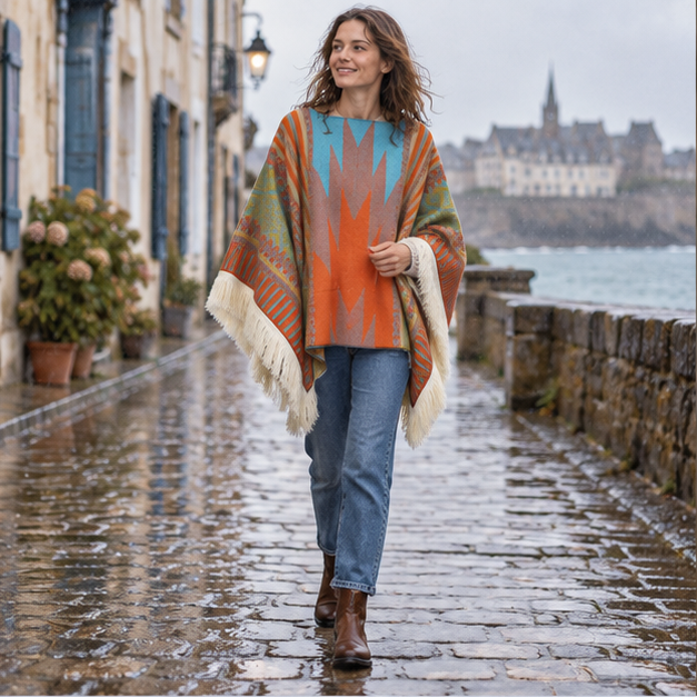 Poncho Péruvien Traditionnel – Orange / Adulte, en situation sur la côte Atlantique