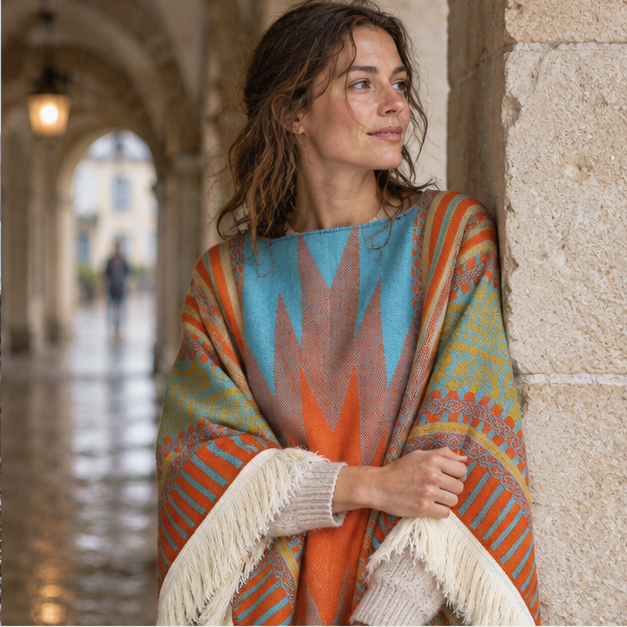 Poncho Péruvien Traditionnel – Orange / Adulte, dans un intérieur côtier lumineux