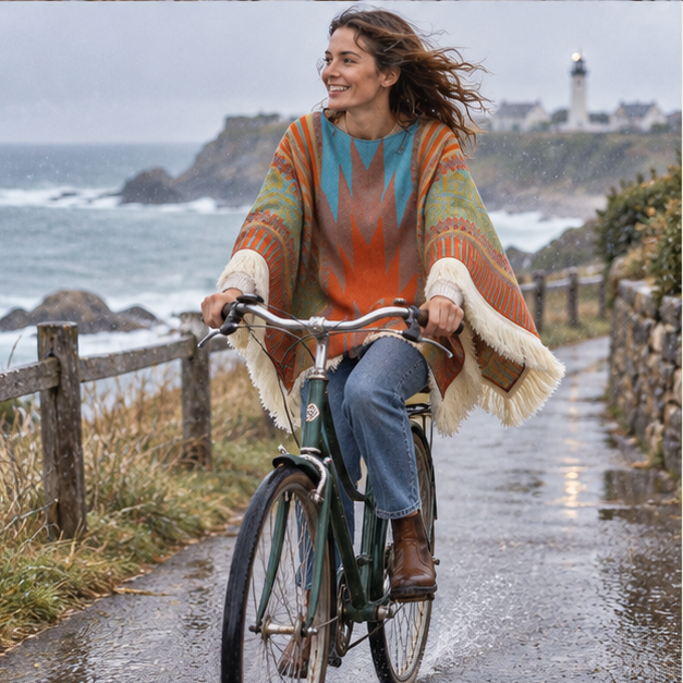 Poncho Péruvien Traditionnel – Orange / Adulte, porté en mouvement au bord de l’océan