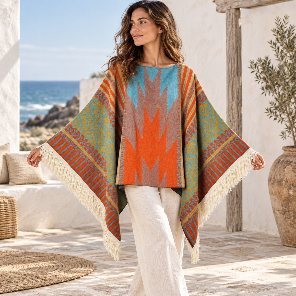 Poncho Péruvien Traditionnel – Orange / Adulte, visuel principal lifestyle