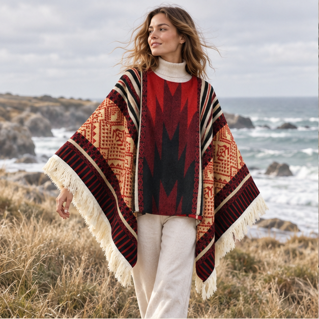 Poncho Péruvien Traditionnel – Rouge / Adulte, en situation sur la côte Atlantique