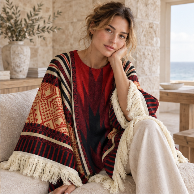 Poncho Péruvien Traditionnel – Rouge / Adulte, dans un intérieur côtier lumineux