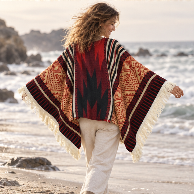 Poncho Péruvien Traditionnel – Rouge / Adulte, porté en mouvement au bord de l’océan