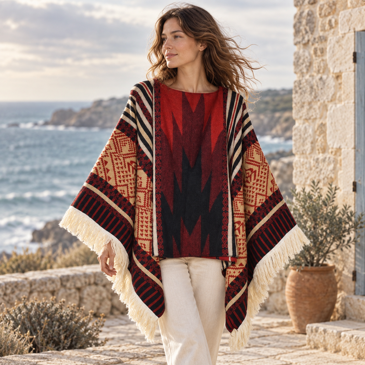 Poncho Péruvien Traditionnel – Rouge / Adulte, visuel principal lifestyle