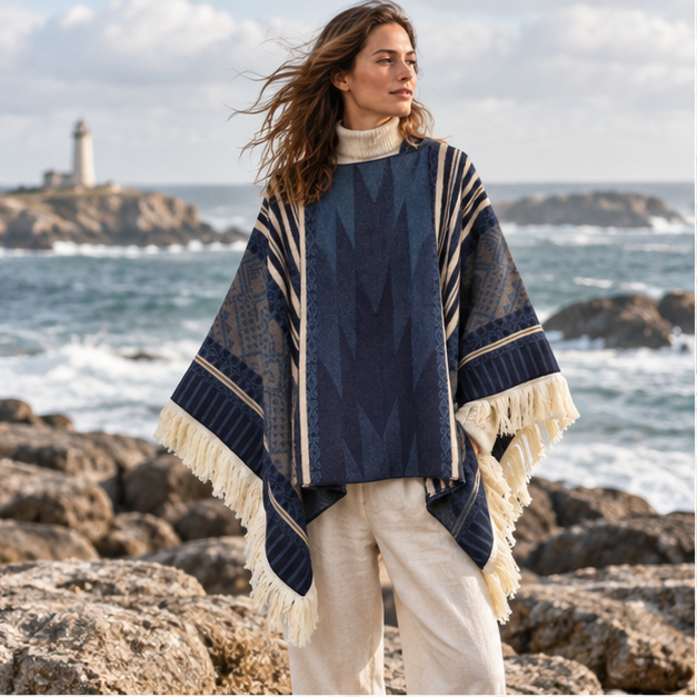 Poncho Péruvien Traditionnel – Bleu Marine / Adulte, en situation sur la côte Atlantique