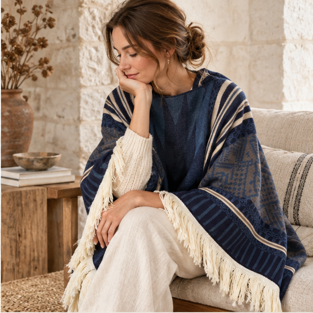 Poncho Péruvien Traditionnel – Bleu Marine / Adulte, dans un intérieur côtier lumineux