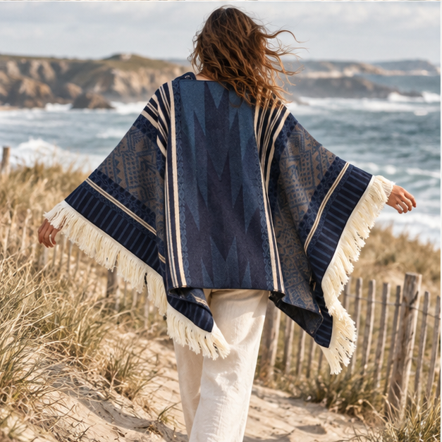 Poncho Péruvien Traditionnel – Bleu Marine / Adulte, porté en mouvement au bord de l’océan
