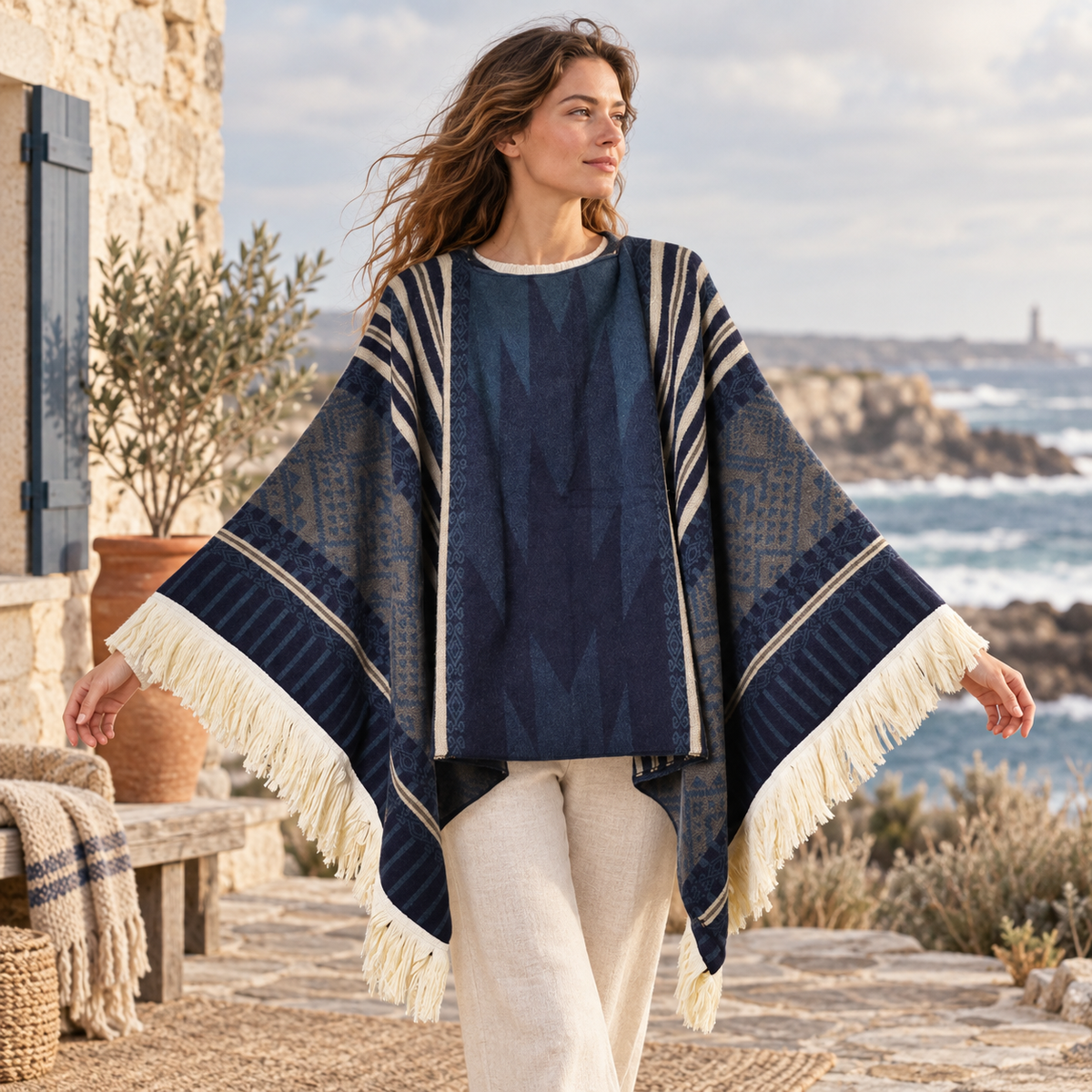 Poncho Péruvien Traditionnel – Bleu Marine / Adulte, visuel principal lifestyle
