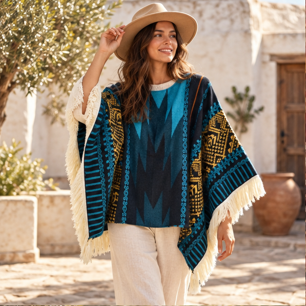 Poncho Péruvien Traditionnel – Bleu / Adulte, en situation sur la côte Atlantique