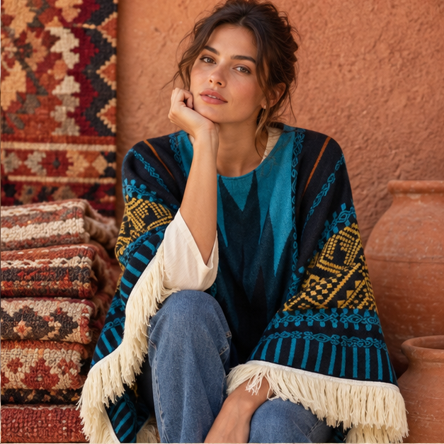 Poncho Péruvien Traditionnel – Bleu / Adulte, dans un intérieur côtier lumineux