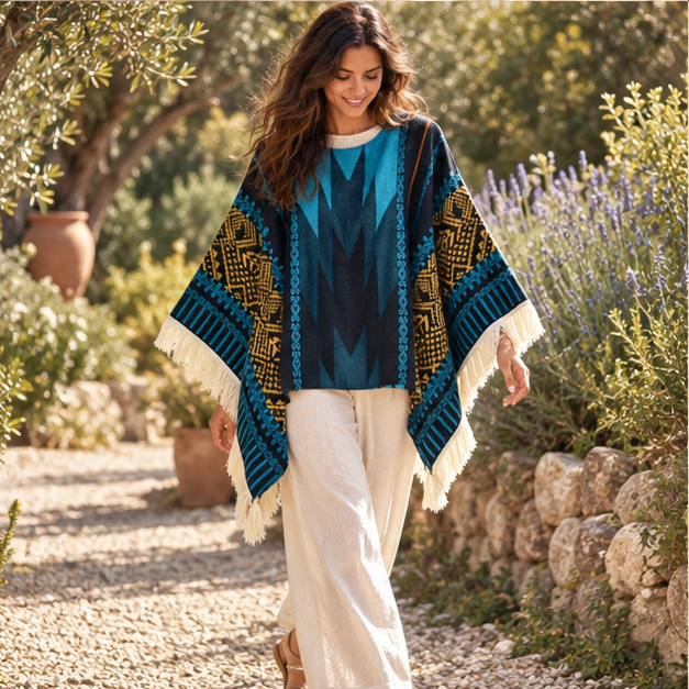 Poncho Péruvien Traditionnel – Bleu / Adulte, porté en mouvement au bord de l’océan