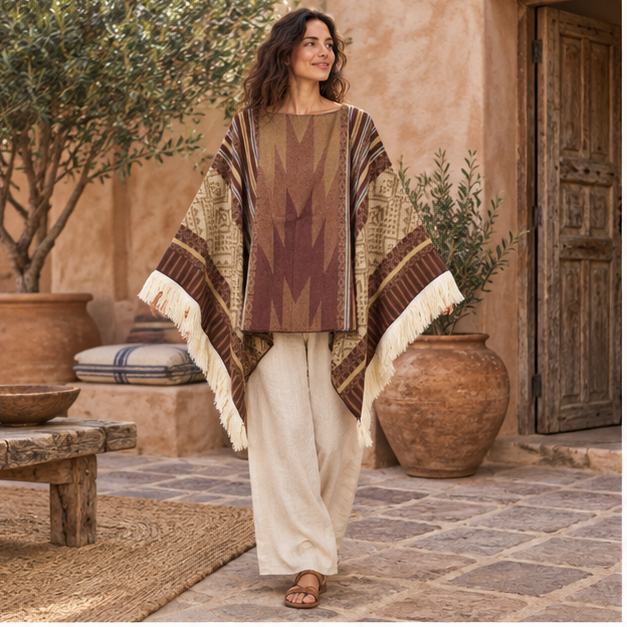 Poncho Péruvien Traditionnel – Marron / Adulte, en situation sur la côte Atlantique