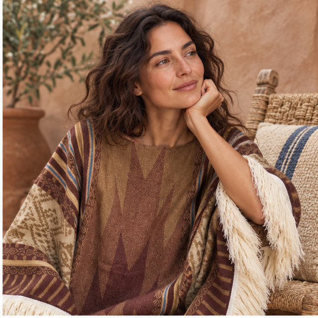 Poncho Péruvien Traditionnel – Marron / Adulte, dans un intérieur côtier lumineux