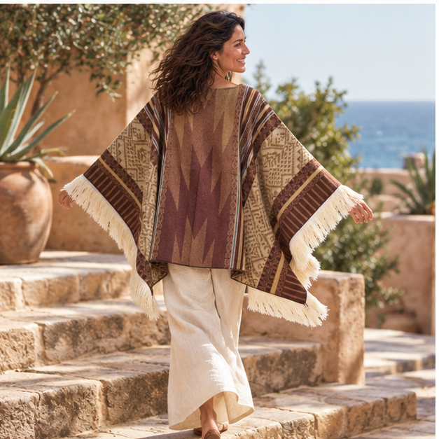 Poncho Péruvien Traditionnel – Marron / Adulte, porté en mouvement au bord de l’océan