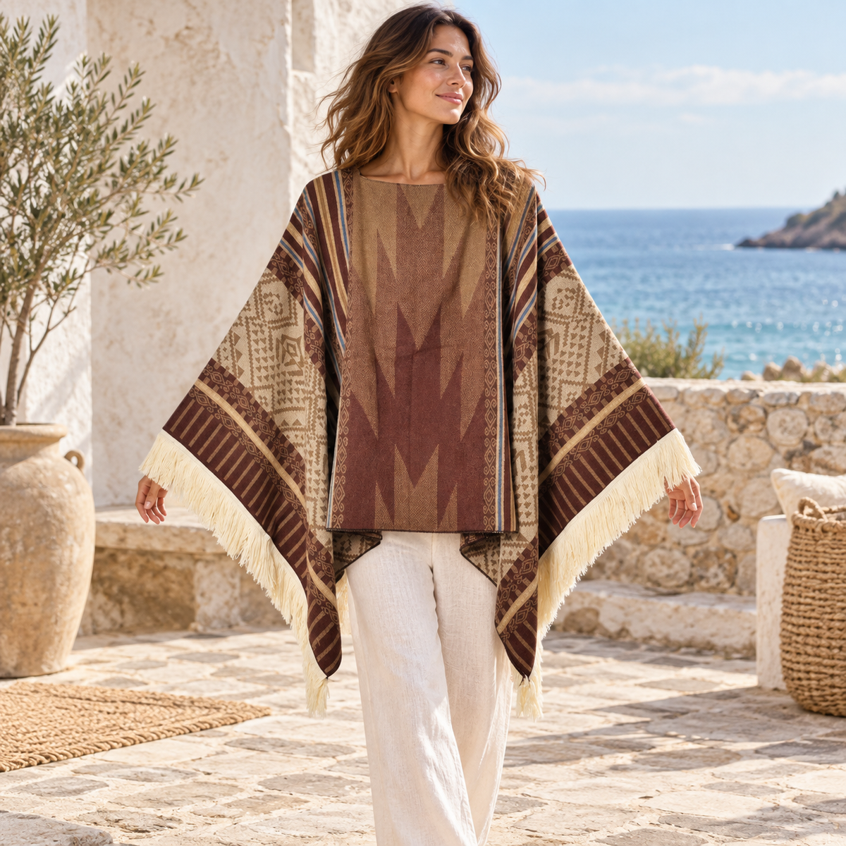 Poncho Péruvien Traditionnel – Marron / Adulte, visuel principal lifestyle