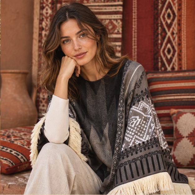 Poncho Péruvien Traditionnel – Noir / Adulte, dans un intérieur côtier lumineux