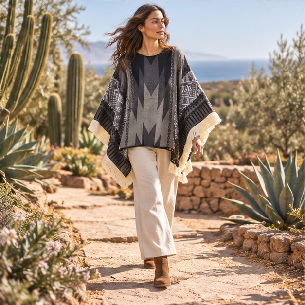 Poncho Péruvien Traditionnel – Noir / Adulte, porté en mouvement au bord de l’océan