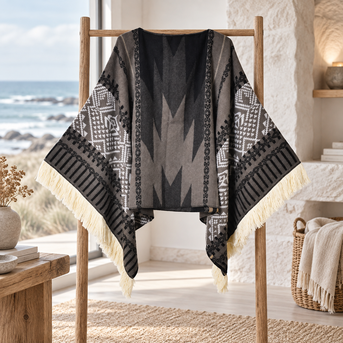 Poncho Péruvien Traditionnel – Noir / Adulte, visuel principal lifestyle