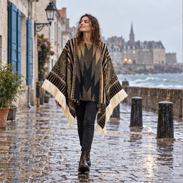 Poncho Péruvien Traditionnel – Kaki / Adulte, en situation sur la côte Atlantique