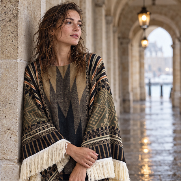 Poncho Péruvien Traditionnel – Kaki / Adulte, dans un intérieur côtier lumineux