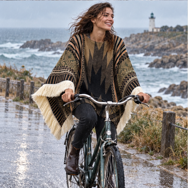 Poncho Péruvien Traditionnel – Kaki / Adulte, porté en mouvement au bord de l’océan