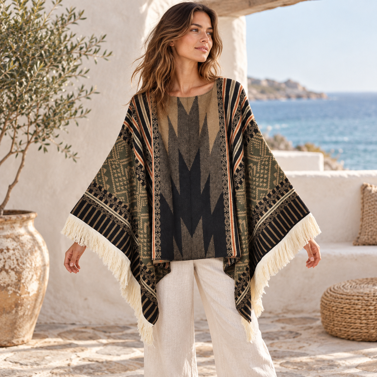 Poncho Péruvien Traditionnel – Kaki / Adulte, visuel principal lifestyle