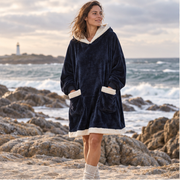 Poncho Plaid Bleu Marine – Bleu Marine / Adulte, en situation sur la côte Atlantique
