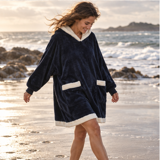 Poncho Plaid Bleu Marine – Bleu Marine / Adulte, porté en mouvement au bord de l’océan