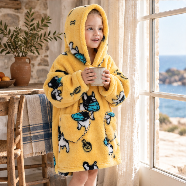 Poncho Plaid Bouledogue – Jaune / Bébé, porté en mouvement au bord de l’océan