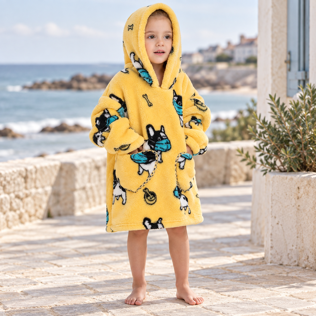 Poncho Plaid Bouledogue – Jaune / Bébé, visuel principal lifestyle