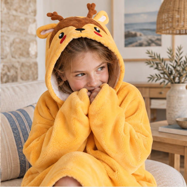 Poncho Plaid Cerf – Jaune / Enfant, dans un intérieur côtier lumineux